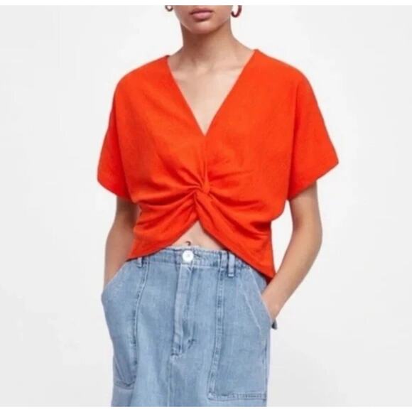 Zara Knot Twist Front Top Shirt S Orange Textured Popover Summer Boho Festival - Picture 11 of 11